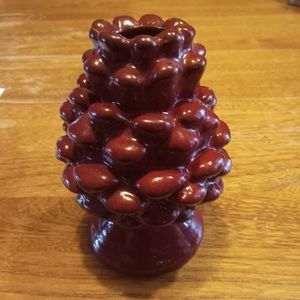 Dept. 56  Red Ceramic Pine Cone Candle Holders Rustic Cabin Log Home Decor.